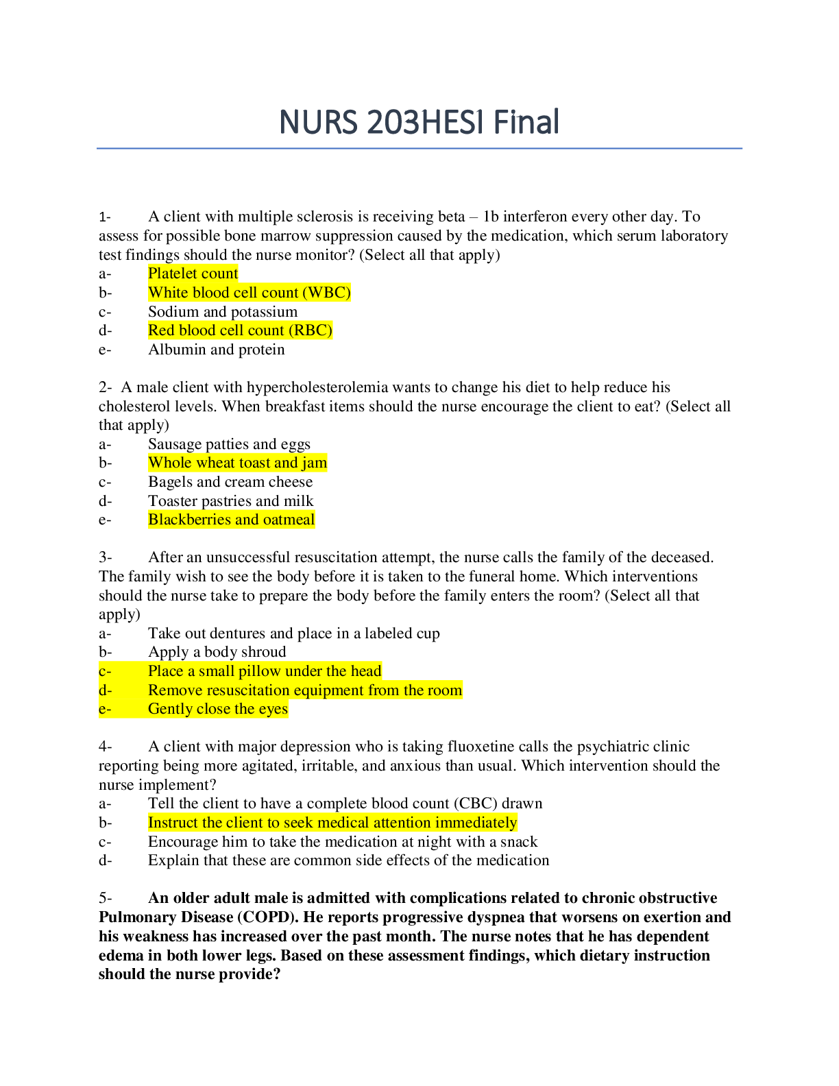 Preview of NURS 203 HESI Final Questions / All Answers Provided
